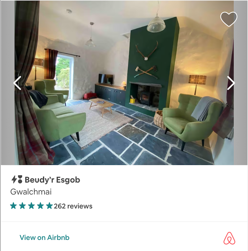 Airbnb booking link, showing living space of beudy.